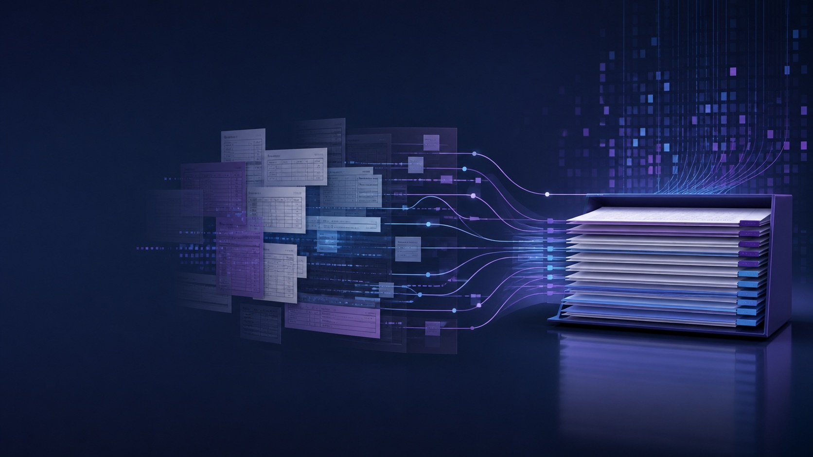 Fragmented financial records converging into a controlled reconciliation process